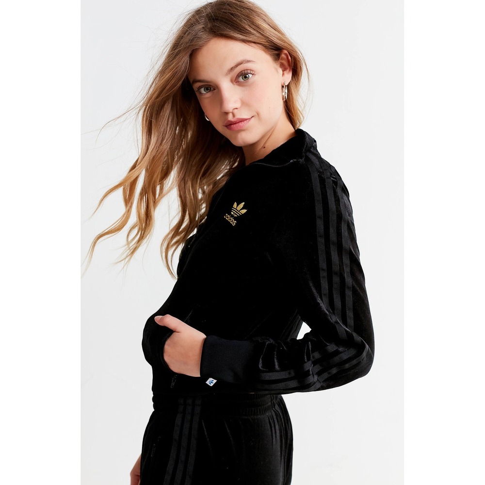 adidas Originals Rare Firebird Velour Track Jacket Black Gold Trefoil S